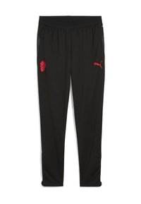 Pantaloni sportivi neri realizzati in materiale leggero, con accenti del logo rosso e tasche laterali in rete per la traspirabilità.