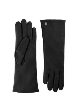 Schwarze Lederhandschuhe mit einem eleganten Design, fünf-Finger-Passform und weicher Textur. Besitzen ein kleines Emblem am Handgelenk.