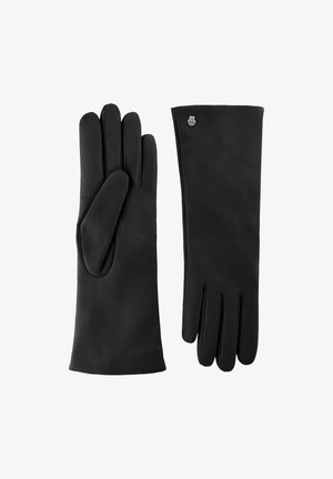 Black leather gloves with a sleek design, five-finger fit, and soft texture. Features a small emblem at the wrist.