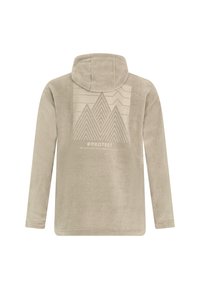 Beige fleece hoodie met een gemarmerd bergontwerp op de achterkant. Voorzien van een capuchon en lange mouwen. Zacht materiaal en een ontspannen pasvorm.