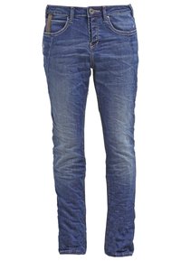 Jeans en denim bleu slim-fit avec fermeture par bouton et zip, poches devant et derrière, et détails délavés subtils.