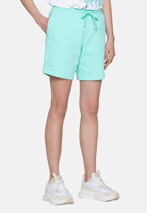 Türkise Sportshorts mit einem elastischen Bund und Kordelzug, ausgestattet mit Seitentaschen und einem kleinen Logo-Detail am Saum.