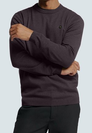 Mann trägt einen langärmligen, dunkelvioletten Pullover mit Rundhalsausschnitt und gerippten Bündchen an Ärmel und Saum, verschränkt die Arme vor der Brust.