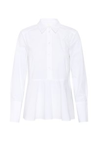 White cotton shirt with long sleeves, pointed collar, front button closure, and a flared peplum hem. Smooth texture, no patterns or accents.