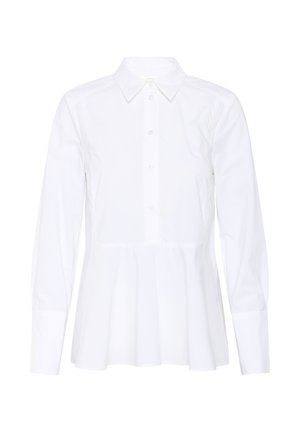Camicia di cotone bianca con maniche lunghe, colletto appuntito, chiusura frontale con bottoni e orlo a campana svasato. Tessuto liscio, senza motivi o dettagli.