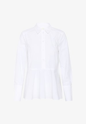 Bílá bavlněná košile s dlouhými rukávy, špičatým límcem, předním zapínáním na knoflíky a rozšířeným peplum spodním lemem. Hladká textura, bez vzorů nebo akcentů.