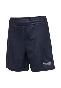 Navyblå sportshorts i lätt material, med vertikala ränder och elastisk midja. Hummel-logotyp på den nedre fronten.