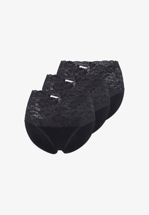 Schwarze Spitzen- und Baumwollunterwäsche mit hoher Taille, im Dreierpack. Mit einem floralen Spitzenrand am Bund und glattem schwarzen Stoff darunter.