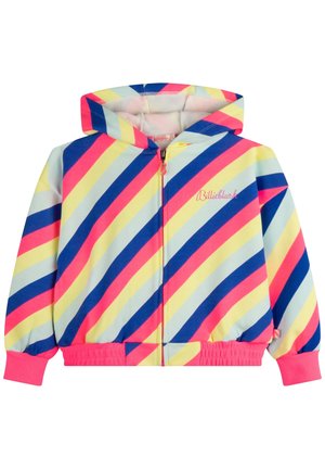 Gestreifte Kapuzenjacke mit Reißverschluss in den Farben Pink, Blau, Gelb und Hellblau; weicher Stoff mit gerippten Bündchen und Saum.