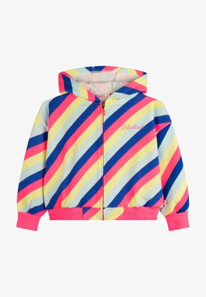 Veste à capuche zippée avec un motif rayé comportant des couleurs rose, bleu, jaune et bleu clair ; tissu doux avec des cuffs et un ourlet côtelés.