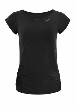 Black short-sleeve t-shirt made from soft fabric, featuring a round neck and side ruching detail for shape. Small logo on the chest.