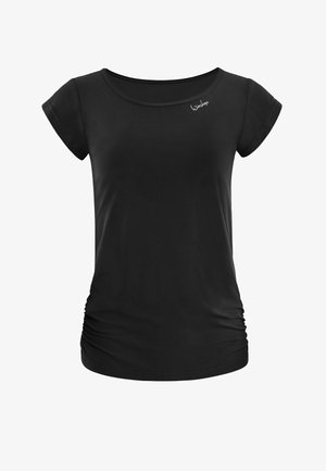 Black short-sleeve t-shirt made from soft fabric, featuring a round neck and side ruching detail for shape. Small logo on the chest.