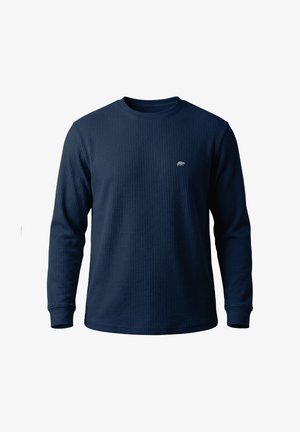 Navy blauwe, geribbelde trui met lange mouwen en een ronde hals met een klein lichtgrijs berenlogo op de linkerborst.