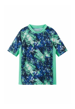 Dziecięca koszulka kąpielowa z krótkim rękawem z abstrakcyjnym wzorem liści w kolorach zielonym, granatowym i białym oraz jednolitymi miętowo-zielonymi panelami bocznymi.