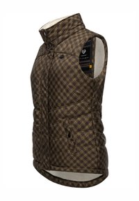 Veste matelassée marron sans manches avec motif pied-de-poule, col montant, poches à boutons et doublure intérieure en polaire.