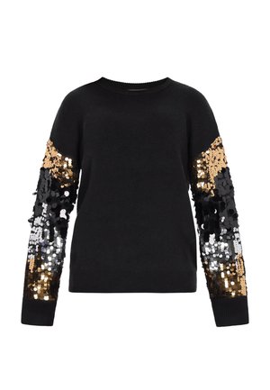 Maglione nero a maniche lunghe con un motivo di paillettes in oro, argento e nero sulle maniche. Stile classico con scollo rotondo.