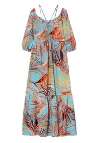 Robe maxi bleu clair avec motifs de feuilles tropicales orange, marron et jaune, manches courtes bouffantes et fines bretelles.