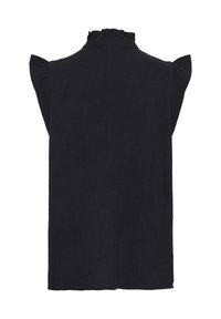 Melnā blūze ar ruffled apkakli un īsām piedurknēm. Teksturēts audums ar nedaudz brīvāku piegriezumu, ar vienkāršu dizainu un bez redzamām aizdares detaļām.