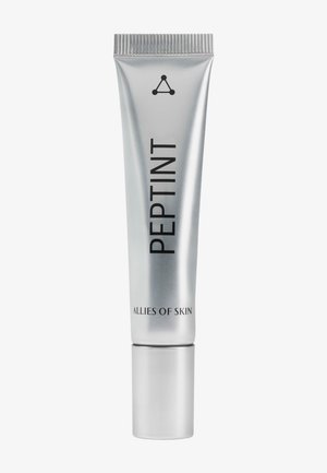 Tube argenté du produit de soin de la peau Peptint de Allies of Skin avec texte noir et bouchon à vis argenté sur fond blanc uni.
