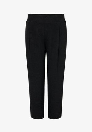 Schwarze Hose aus Strukturstoff, mit einem glatten Bund, geraden Beinen und ohne sichtbare Taschen oder Verzierungen.