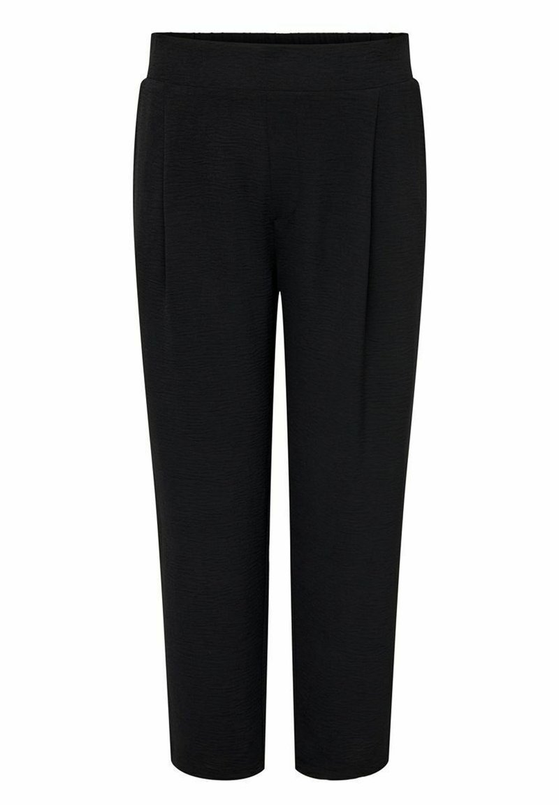 Schwarze Hose aus Strukturstoff, mit einem glatten Bund, geraden Beinen und ohne sichtbare Taschen oder Verzierungen.