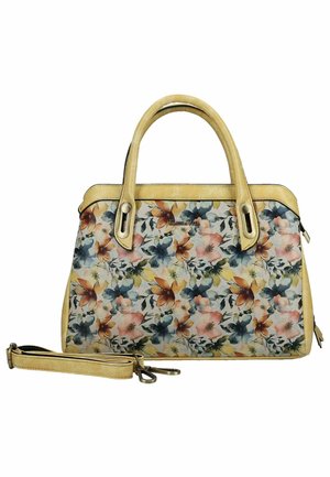 Hnědá kabelka s květinovým látkovým panelem, dvojitými horními uchy, zapínáním na zip a odnímatelným ramenním popruhem s kovovými sponami.