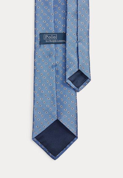Μπλε μεταξωτή γραβάτα με μικρά λευκά και ναυτικά σχέδια άγκυρας, με ναυτικό υφασμάτινο άκρο και ετικέτα "Polo by Ralph Lauren".