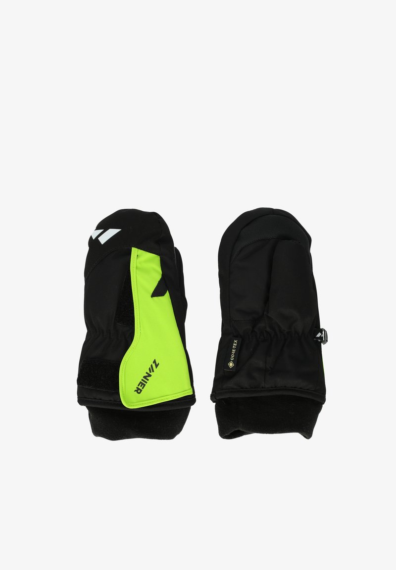 Sorte og neongrønne handsker med et vandtæt Gore-Tex-lag, elastiske manchetter og et blødt inderfor for varme.