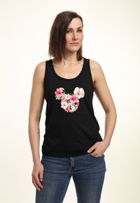 Top senza maniche nero con un design floreale in rosa e bianco sulla parte anteriore, con una forma rotonda del profilo di Topolino.