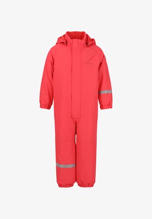 Jasnoróżowy, ocieplany kombinezon narciarski z zamkiem z przodu, kapturem i elastycznymi mankietami. Odbłyśniki na rękawach. Posiada dwie przednie kieszenie.