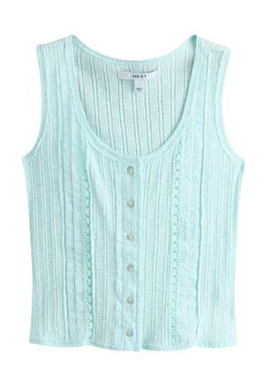 Bluza bleu deschis fără mâneci, cu nasturi în față și detalii verticale din dantelă, având un decolteu rotund și textură tricotată.