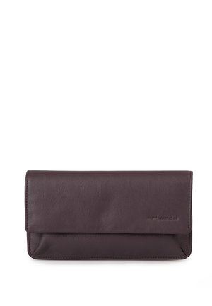 Dark brown leather wallet with fold-over flap and subtle embossed brand name on the lower right corner.