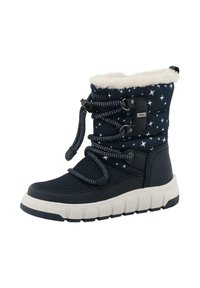 Námořnické modré zimní boty se starým vzorem, huňatým bílým podšívkou a černým šněrováním. Silná, texturovaná bílá podešev s robustním designem.