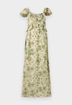 Rochie maxi florală cu un model de frunze verzi pe un fundal bej, cu mâneci volan la umeri și o talie ajustată.