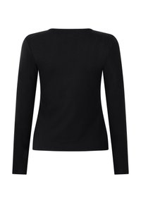 Zwarte lange  mouwen top, ronde halslijn, aansluitend ontwerp, zachte textuur, subtiele stikdetails op de rug.