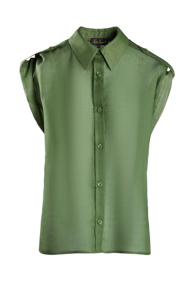 Short-sleeve button-up shirt in light green, featuring a collar, textured fabric, and decorative shoulder button details.