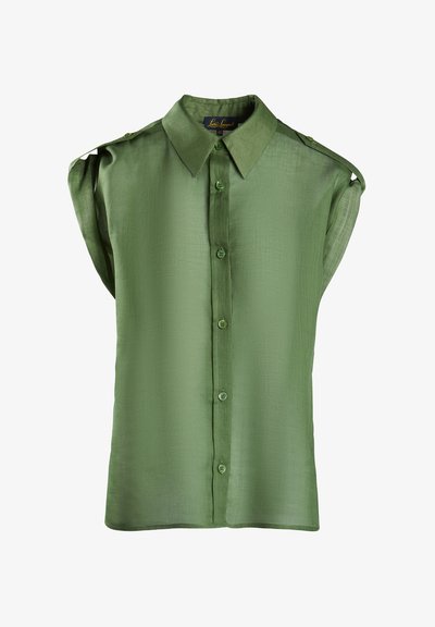 Short-sleeve button-up shirt in light green, featuring a collar, textured fabric, and decorative shoulder button details.