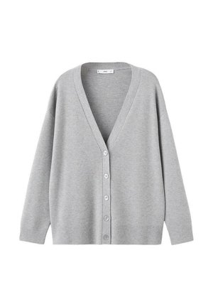 Lichtgrijs, langarmig gebreid vest met V-hals en vijf witte knopen aan de voorkant, geribbelde boorden en zoom.