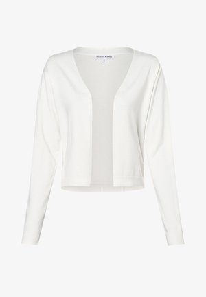 Cardigan bianco con scollatura a V, maniche lunghe e apertura frontale. Realizzato in tessuto leggero, presenta una superficie liscia e polsini a costine.