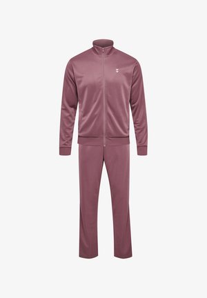 Mauve full-zip track jacket with high collar and matching straight-leg track pants, both made of smooth fabric with subtle sheen.