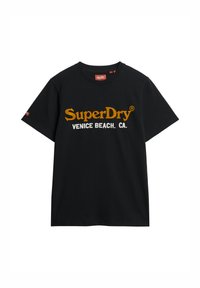 Czarny bawełniany t-shirt z napisem "SuperDry VENICE BEACH. CA." w pogrubionych żółtych i białych literach, okrągły dekolt i krótkie rękawy.