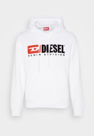 Sudadera blanca con capucha, bolsillo frontal y cordones, con un logo "DIESEL DENIM DIVISION" en rojo y negro en el pecho.