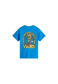 Blue short-sleeve t-shirt featuring a colorful graphic of a pizza character, with text "EASY CHEESY SINCE 1966" and "VANS" below.