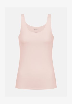 Top rosa chiaro senza maniche con scollatura rotonda, spalline larghe e silhouette aderente. Realizzato in tessuto liscio ed elastico.