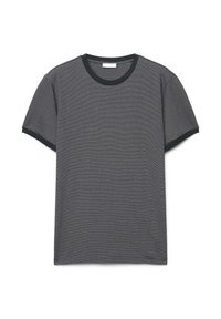 Schwarz-weiß gestreiftes T-Shirt mit kurzen Ärmeln, Rundhalsausschnitt und schwarzem Besatz an Ärmeln und Kragen. Weiche Stofftextur.