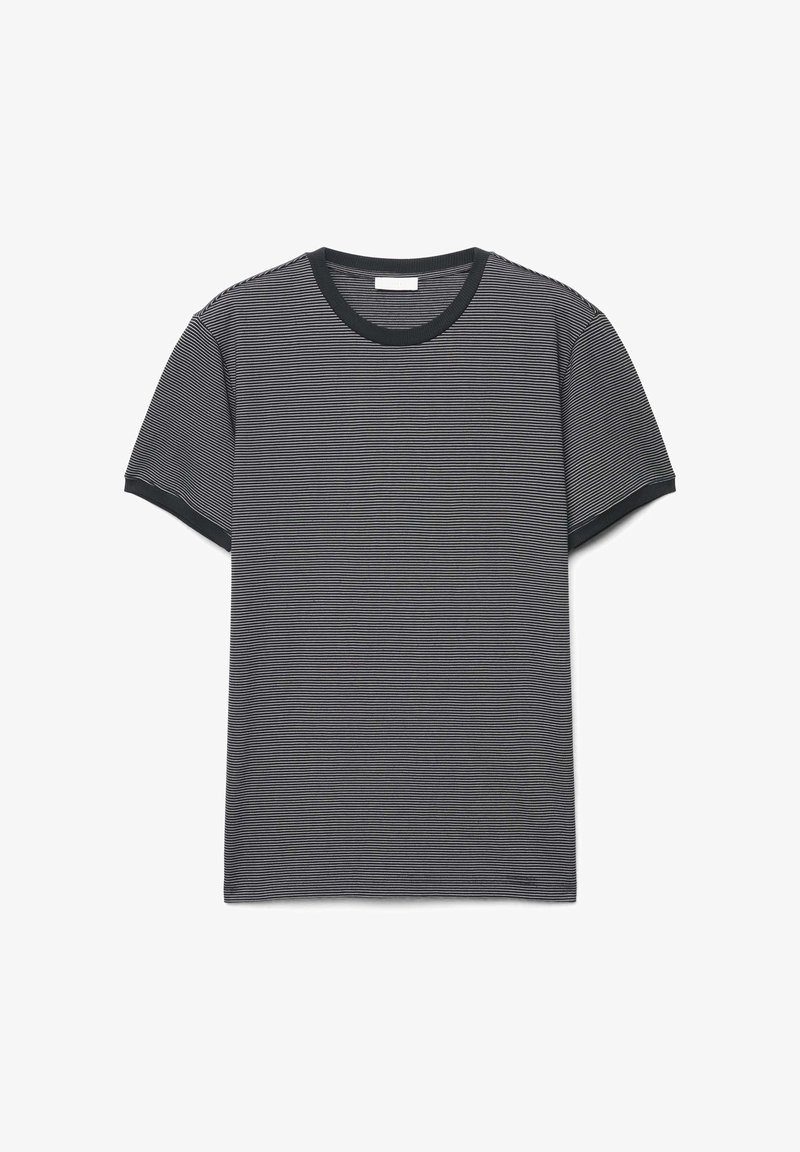 Schwarz-weiß gestreiftes T-Shirt mit kurzen Ärmeln, Rundhalsausschnitt und schwarzem Besatz an Ärmeln und Kragen. Weiche Stofftextur.
