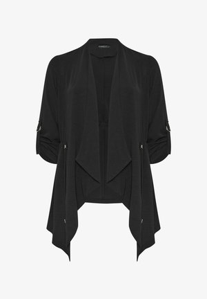 Zwarte cardigan met open voorkant, met gedrapeerde revers, driekwartsmouwen met knoopmanchetten en een asymmetrische zoom.