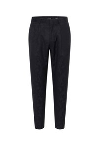 Pantaloni neri con un sottile motivo camouflage, caratterizzati da una texture liscia, una vestibilità sartoriale e pieghe frontali per un tocco in più.