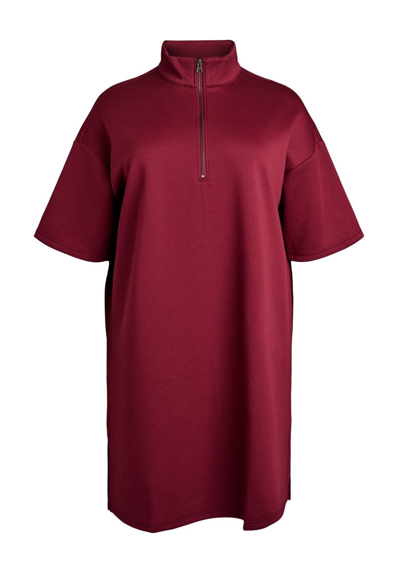 Bordeaux jurk met korte mouwen, een hoge kraag en een halve rits. Gemaakt van zachte stof, met een losse fit en zijsplitten.