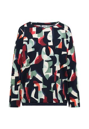 Haut à manches longues et col rond avec motif géométrique abstrait en bleu marine, rouge, vert et blanc sur un tissu doux.